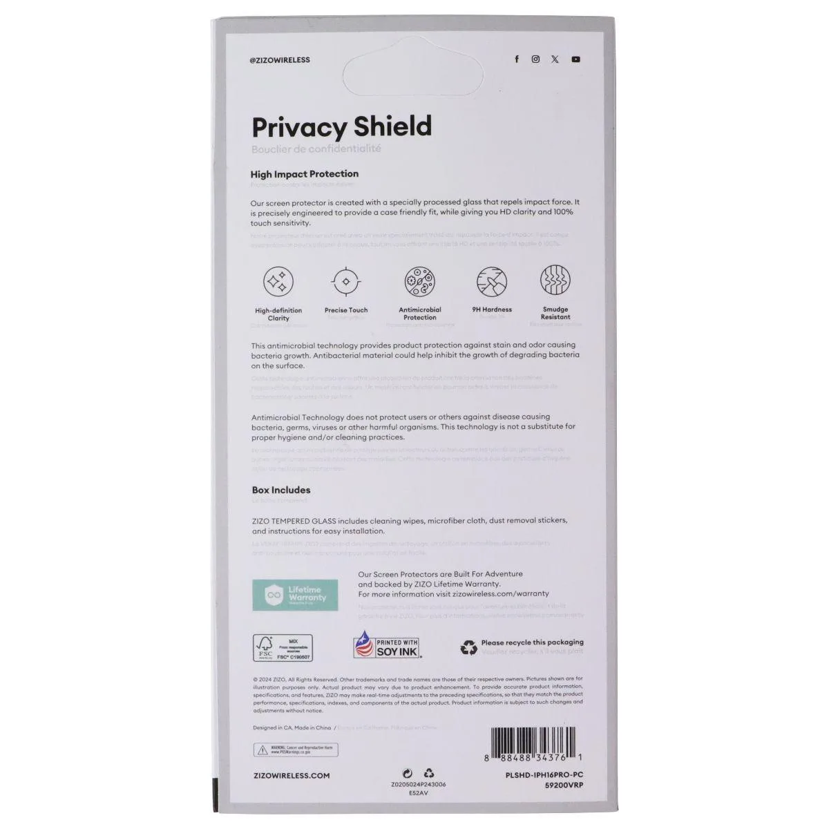 Zizo Zizo Privacy Shield Tempered Glass Screen Protector for iPhone 16 Pro — product photo