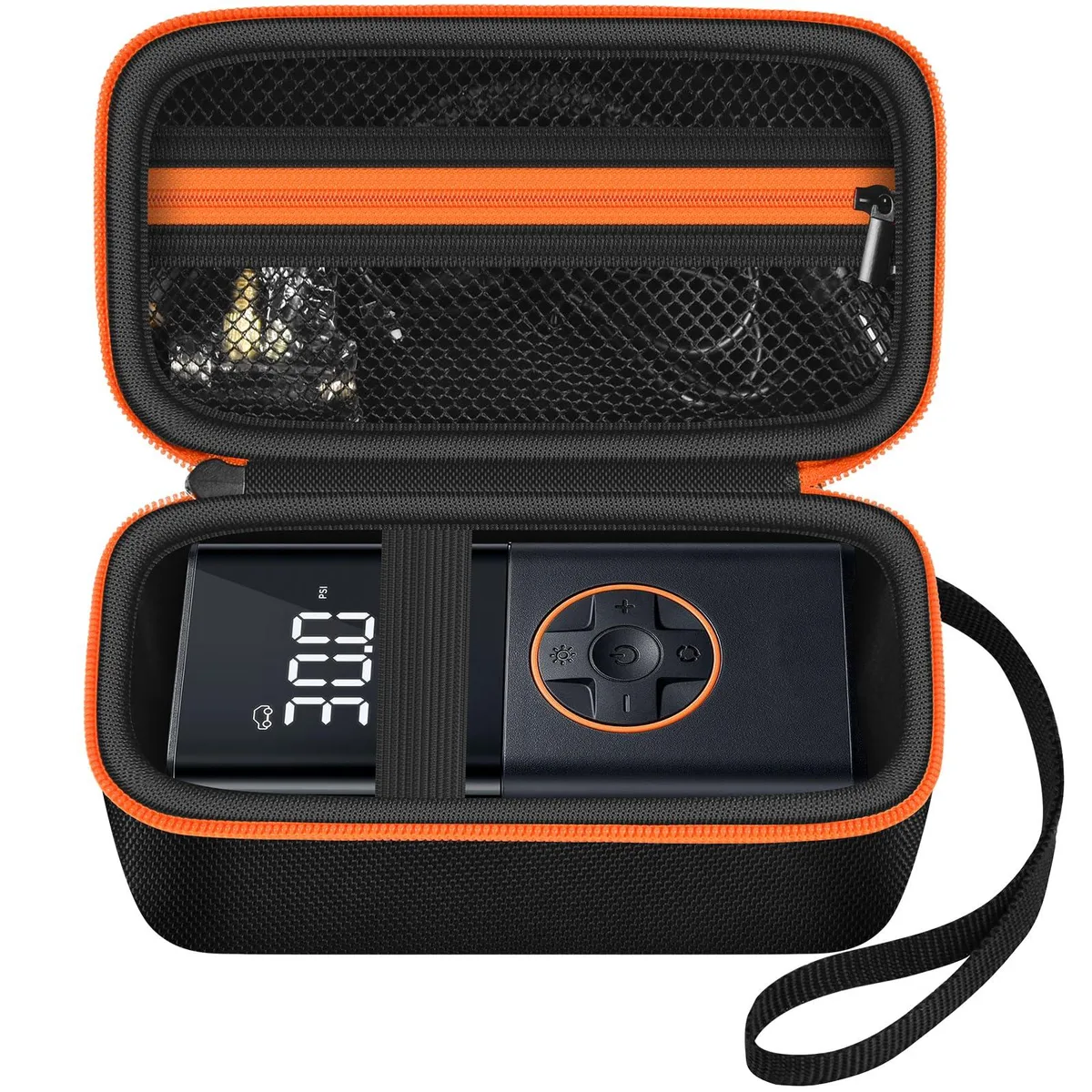 Hard protective case for 150 PSI tire inflator, smooth dark finish, zip closure, elastic strap and mesh pocket inside
