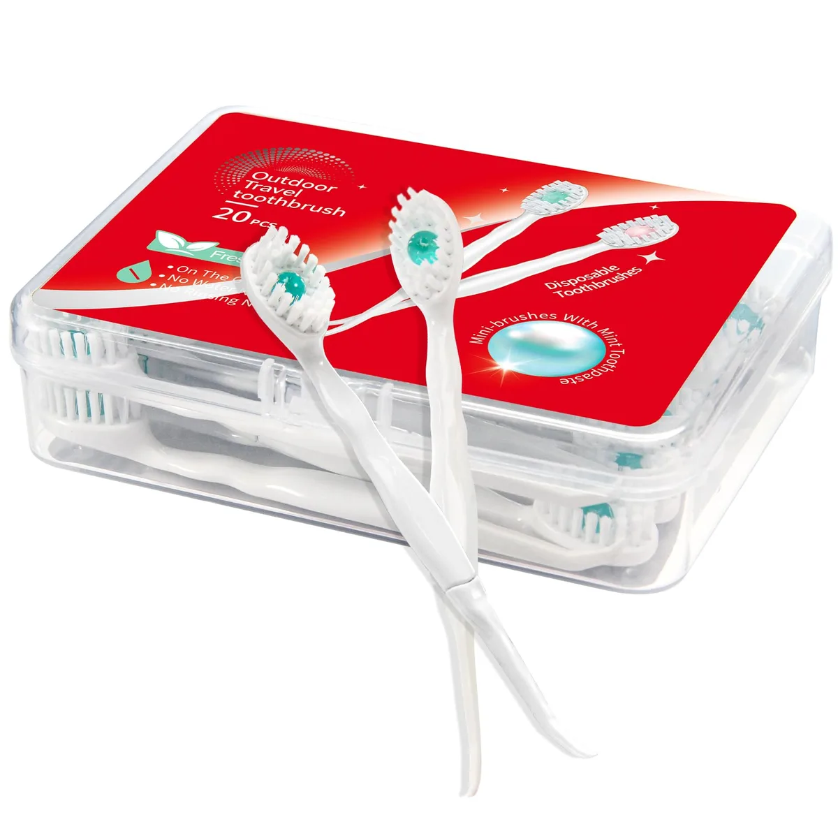 Box of twenty mint disposable toothbrushes with dual heads and pre-applied paste