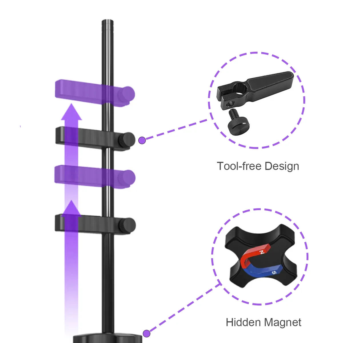 Black anodised aluminium GPU brace with magnetic base and two sliding support arms