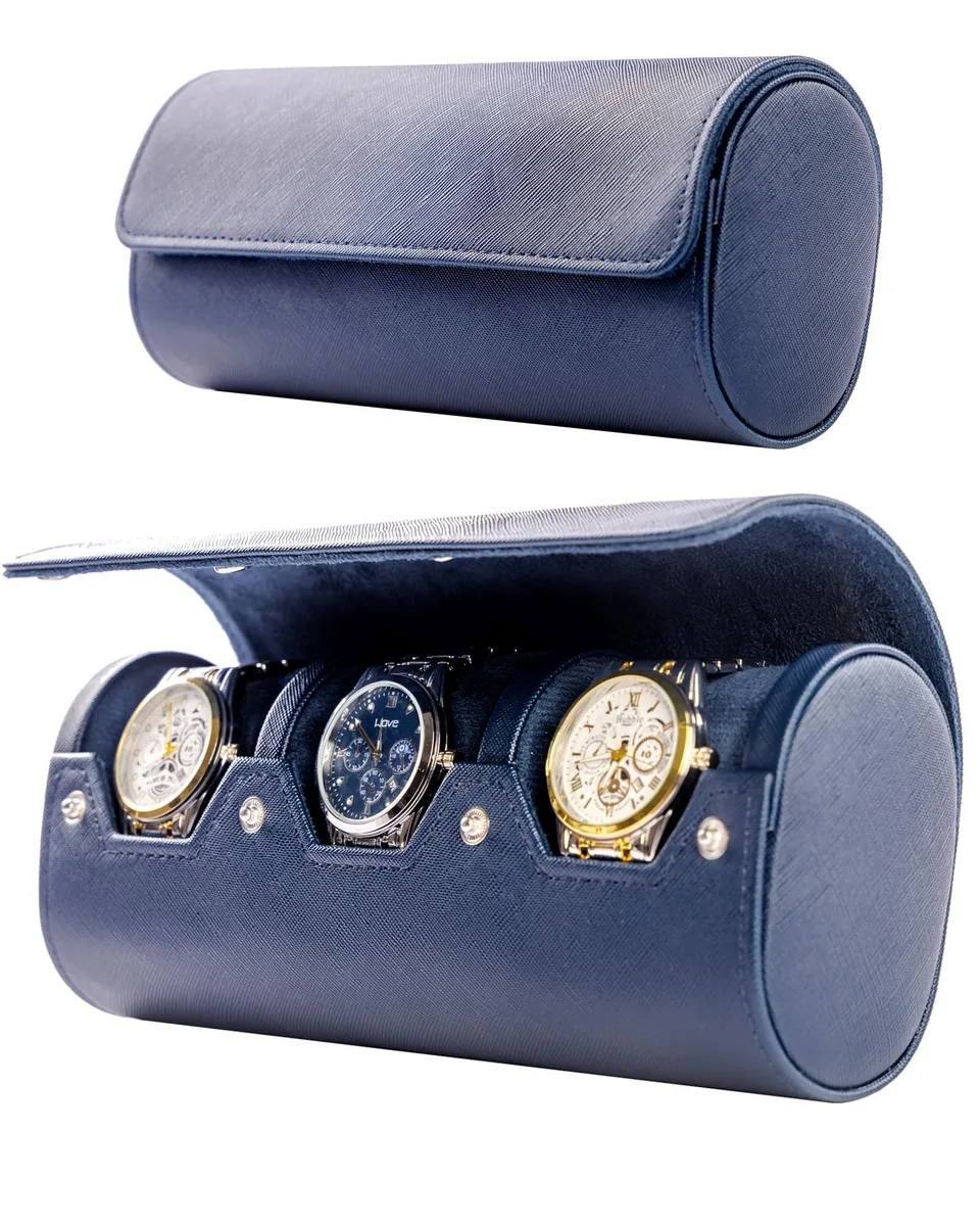 Dark blue leather travel case holding three watches, snap closure, hand-stitched detail