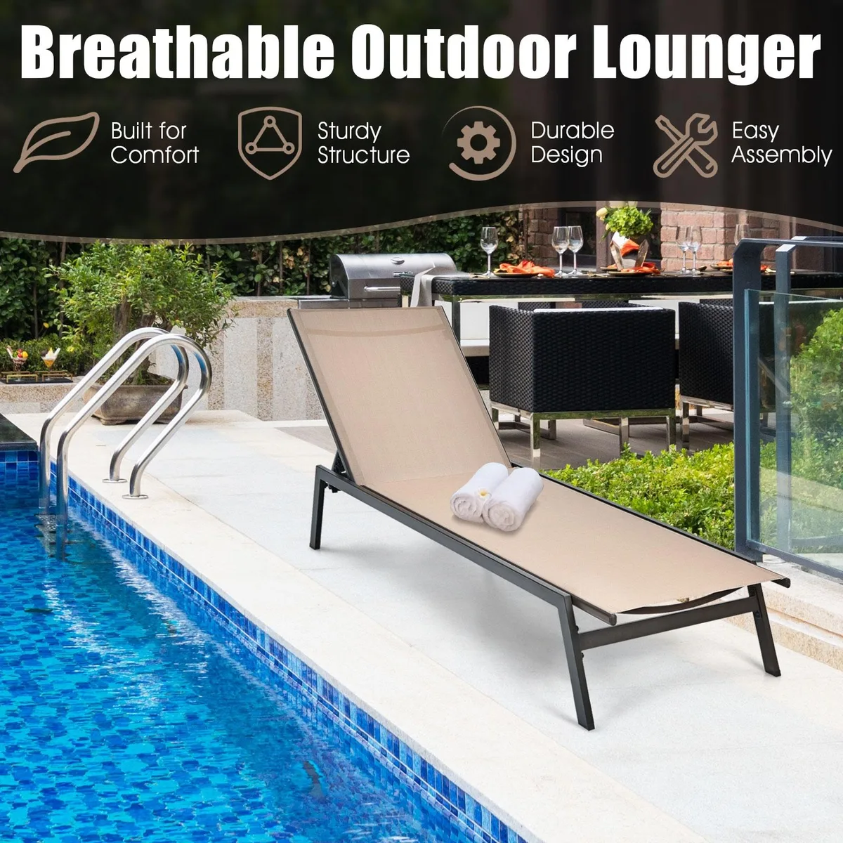 Brown adjustable chaise lounge with steel frame and breathable fabric