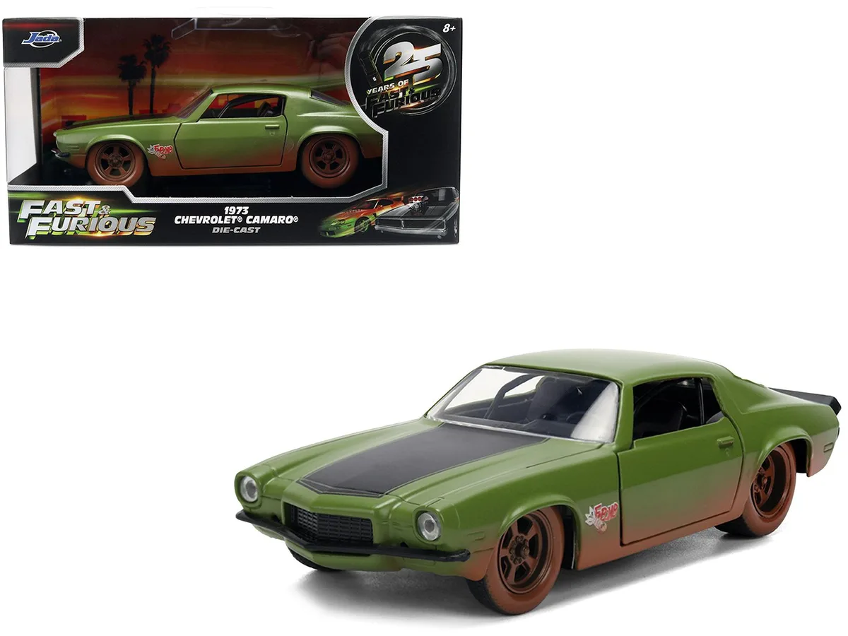 Jada Jada Dom's 1973 Chevrolet Camaro "F-Bomb" Matt Green Dirty Version Black Hood Stripe 1/32 Diecast — product photo