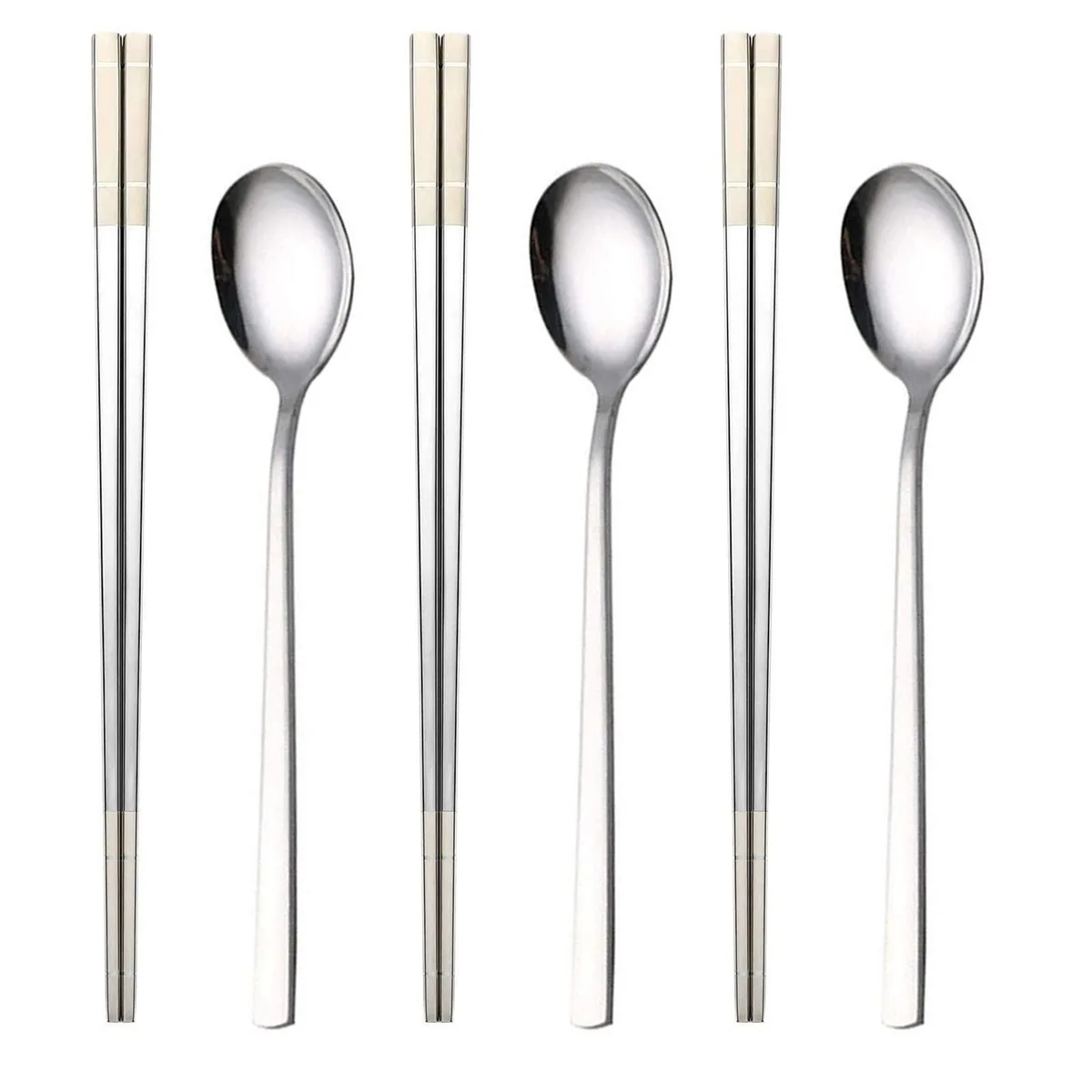 Thirteen-piece stainless steel cutlery set, silver polished finish, long-handled spoons and chopsticks