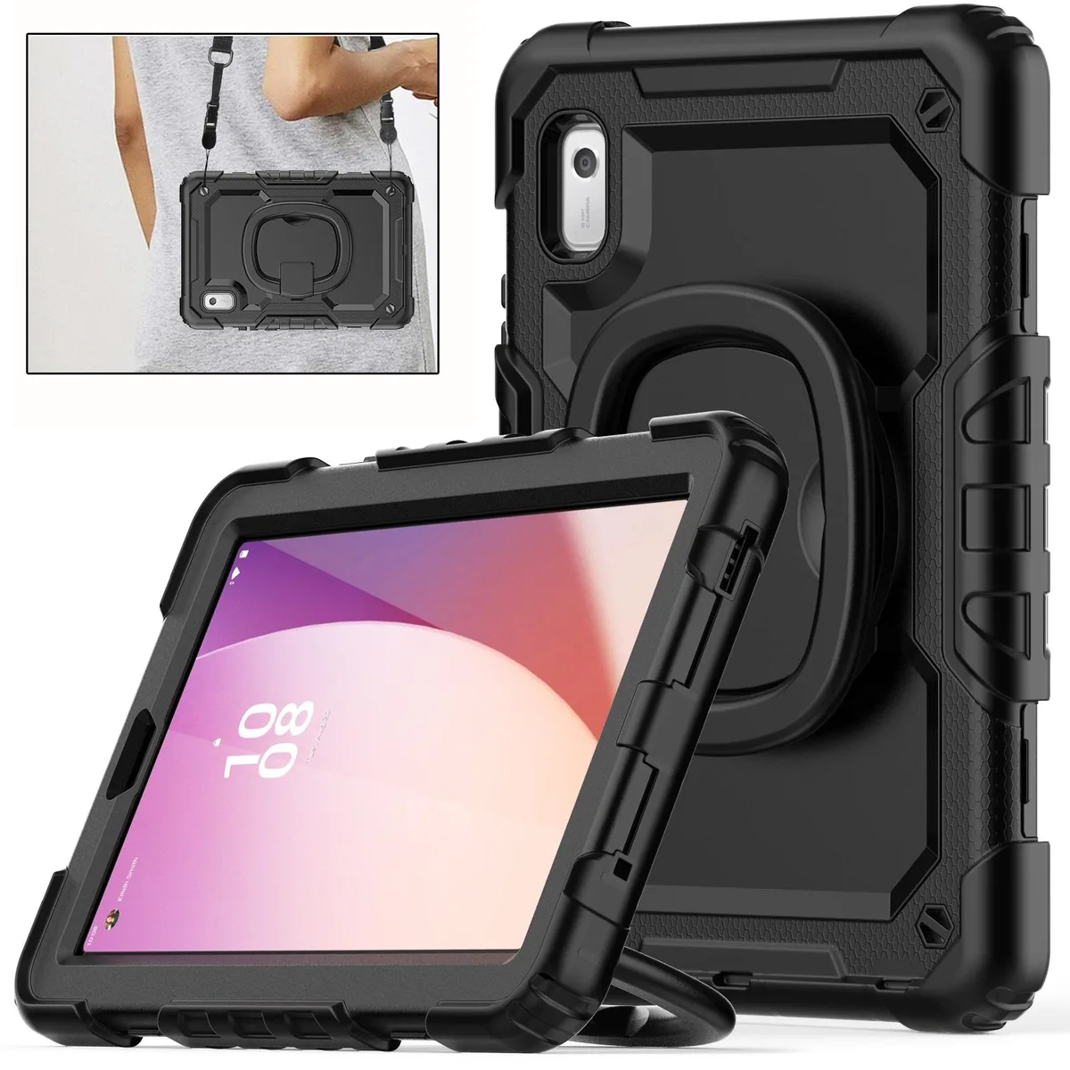 Black hard case for 9 inch Lenovo Tab M9 with built-in screen protector rotating kickstand hand strap shoulder strap and pen holder