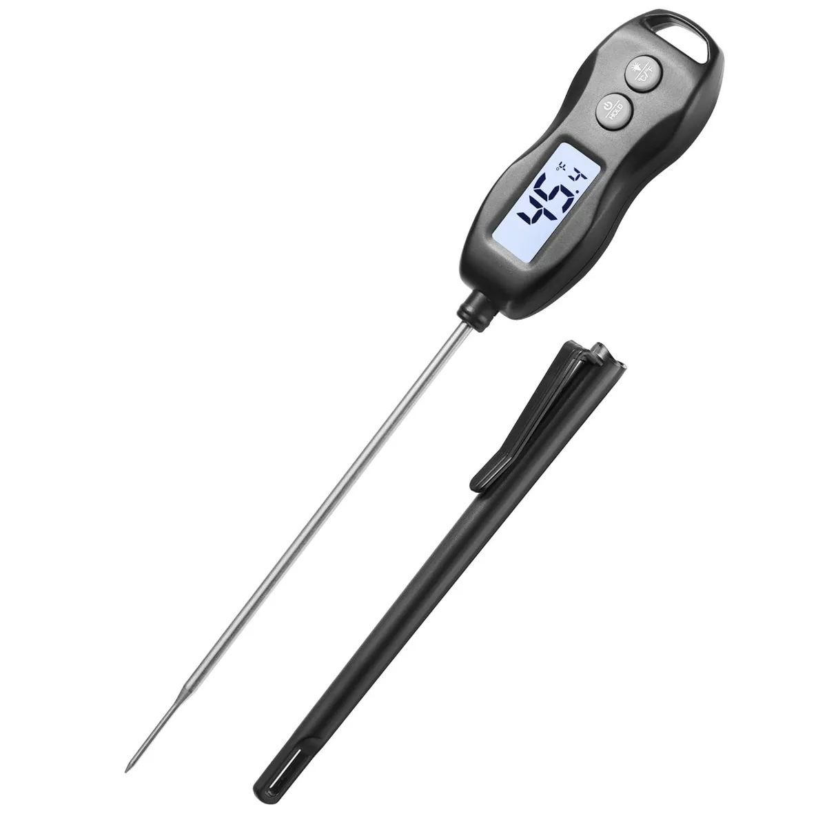 Black digital instant-read thermometer with 5.3 probe and backlit display