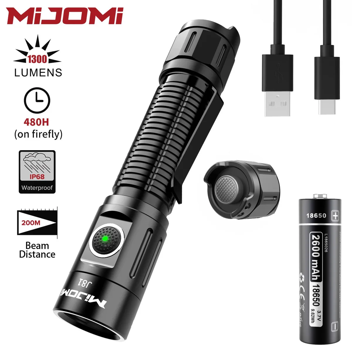 Black cylindrical flashlight with dual switches, knurled body, pocket clip and lanyard