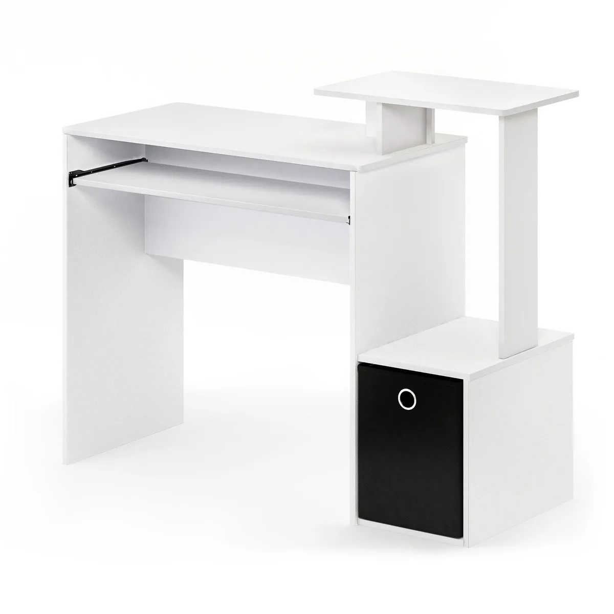 White and black compact desk with two drawers, two side shelves and a keyboard tray