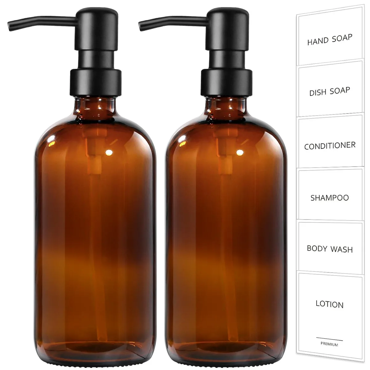 Pair of amber glass bottles with matte black stainless steel pumps
