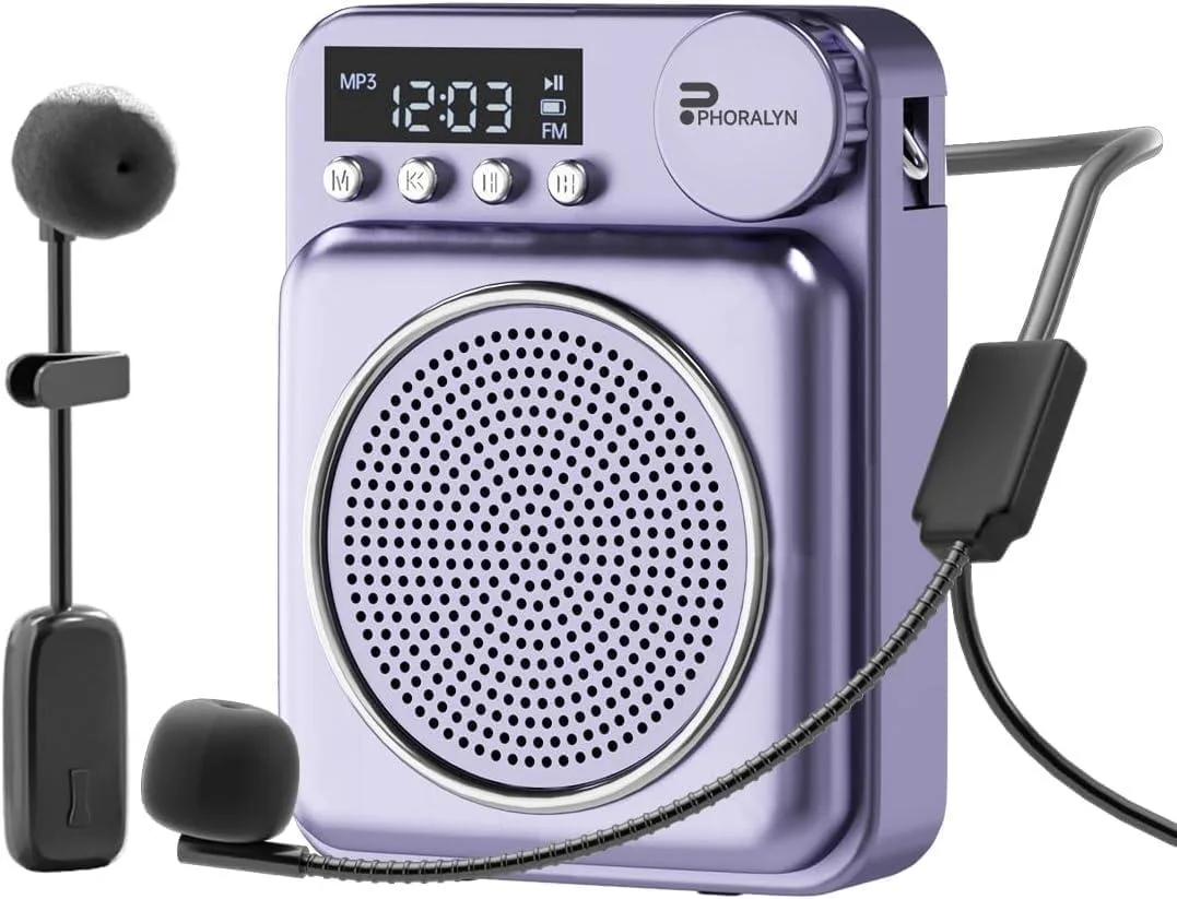Purple rectangular portable speaker with wired headset microphone and waistband clip