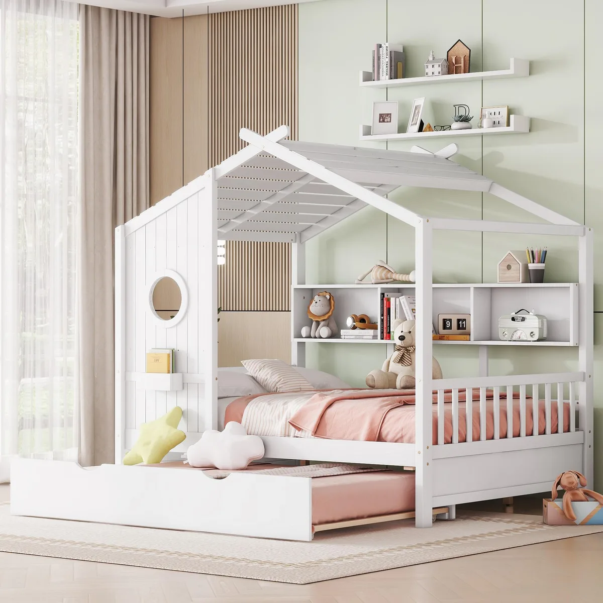 White wooden house bed with roof frame, trundle and back shelves