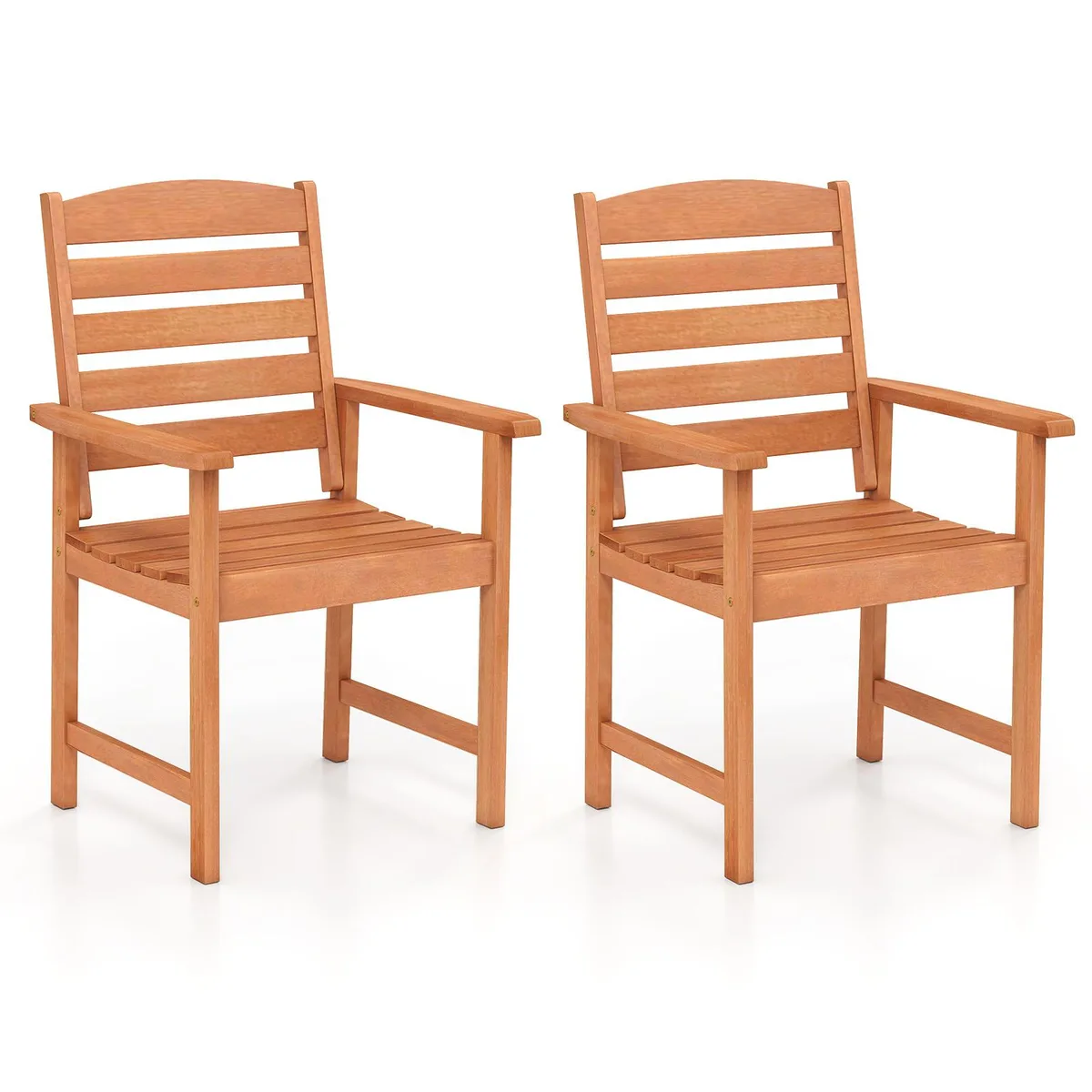 Two wooden dining chairs with slatted seats and 105° inclined backrests