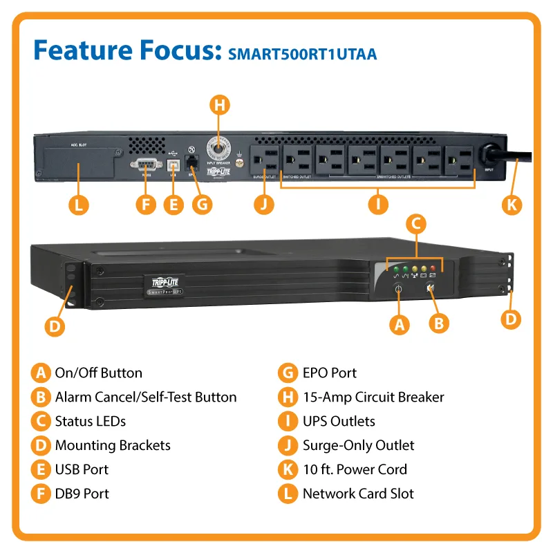 Tripp Lite Tripp Lite SMART500RT1UTAA 500VA 300W 1U Rackmount UPS — product photo