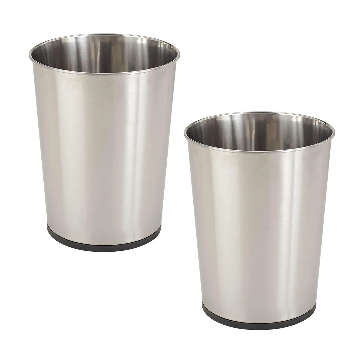 Two round black stainless steel open-top wastebaskets side by side