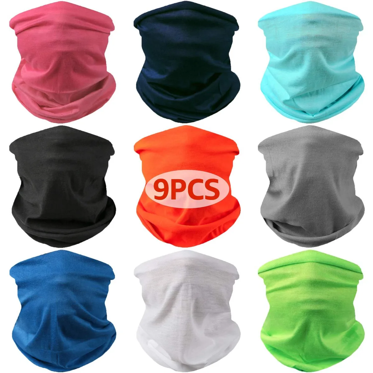 Pack of nine microfiber neck gaiters in assorted colours, seamless tube shape