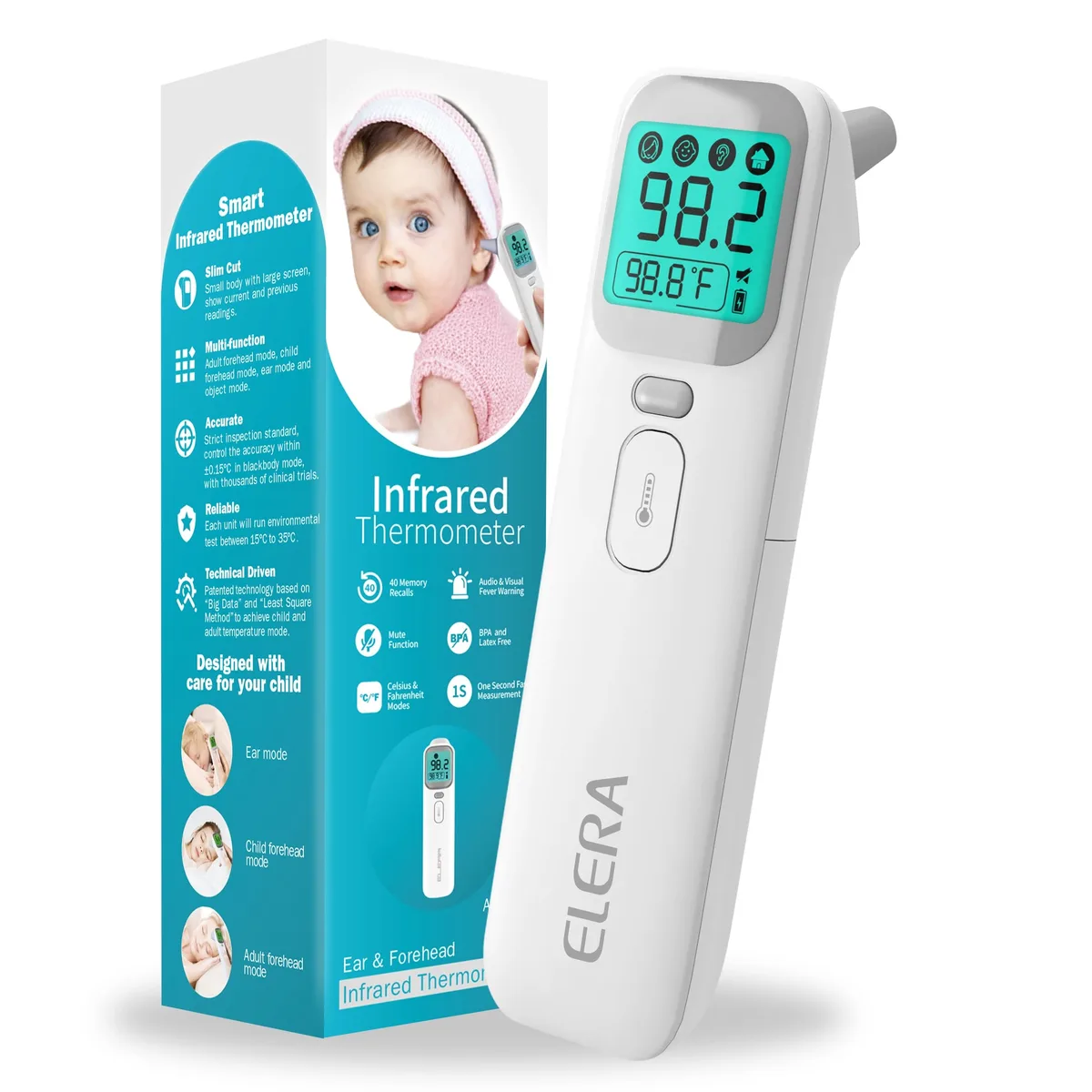  ELERA Infrared Thermometer White Forehead Ear Object Modes 40 Memory Fever Alarm Mute 1s Reading ±0.4°C AAA — product photo