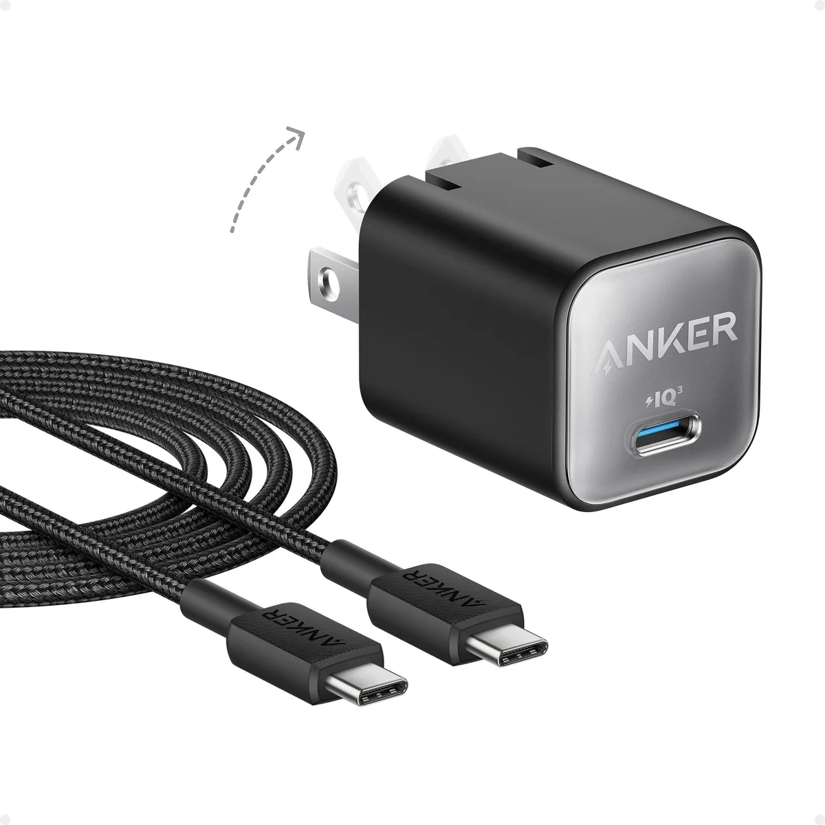Compact white cube USB-C charger with foldable prongs, 1.12 inches thick