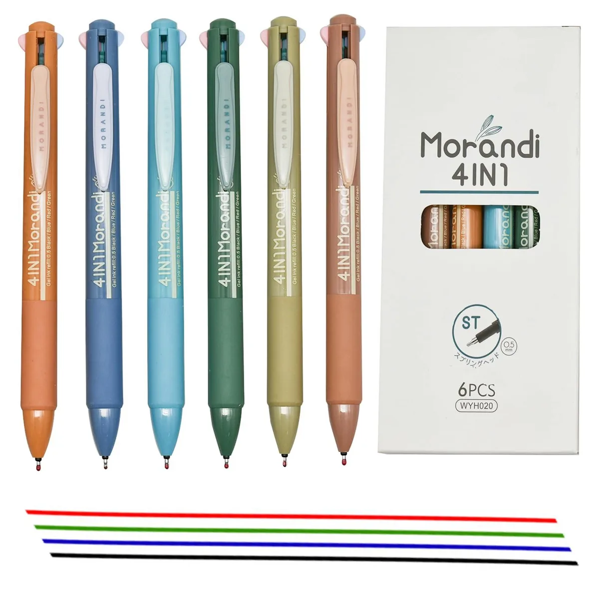 Twelve retractable gel pens, 0.5 mm tip, four colours each, soft rubber grip, plastic barrel
