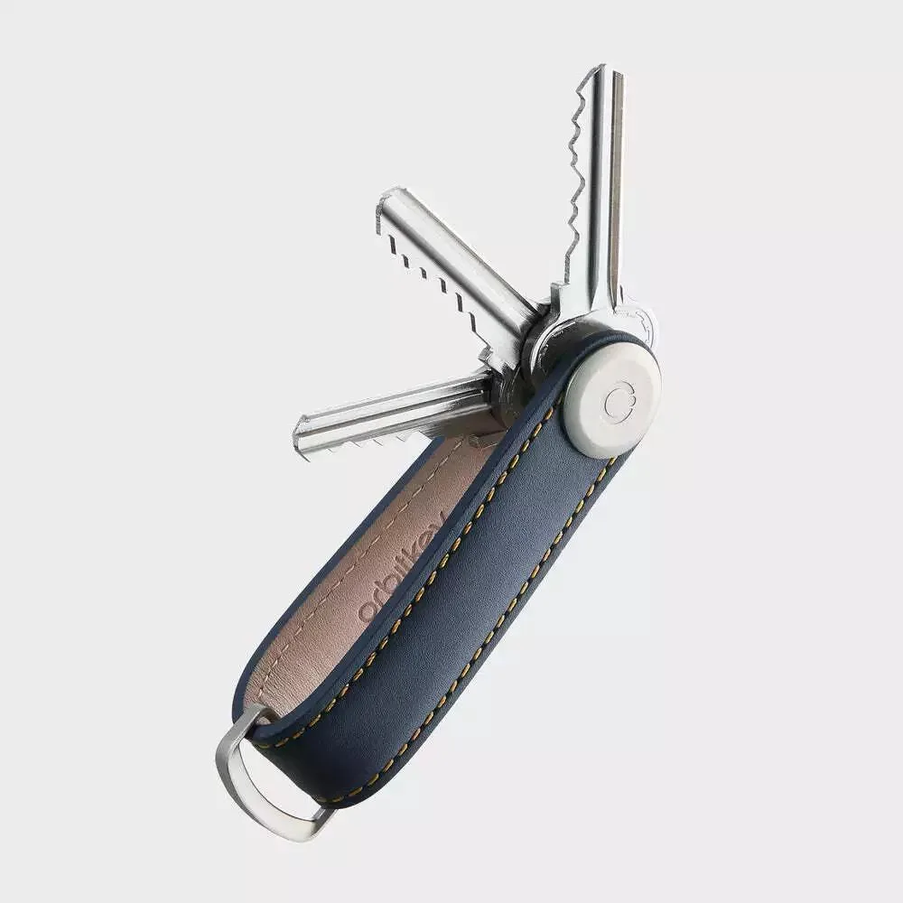 Navy leather key organiser with tan stitching and D-ring