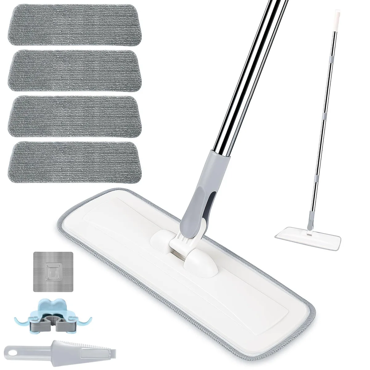 White flat mop with aluminum handle extending to 55 inches, 360° rotating head, four microfiber pads, scraper