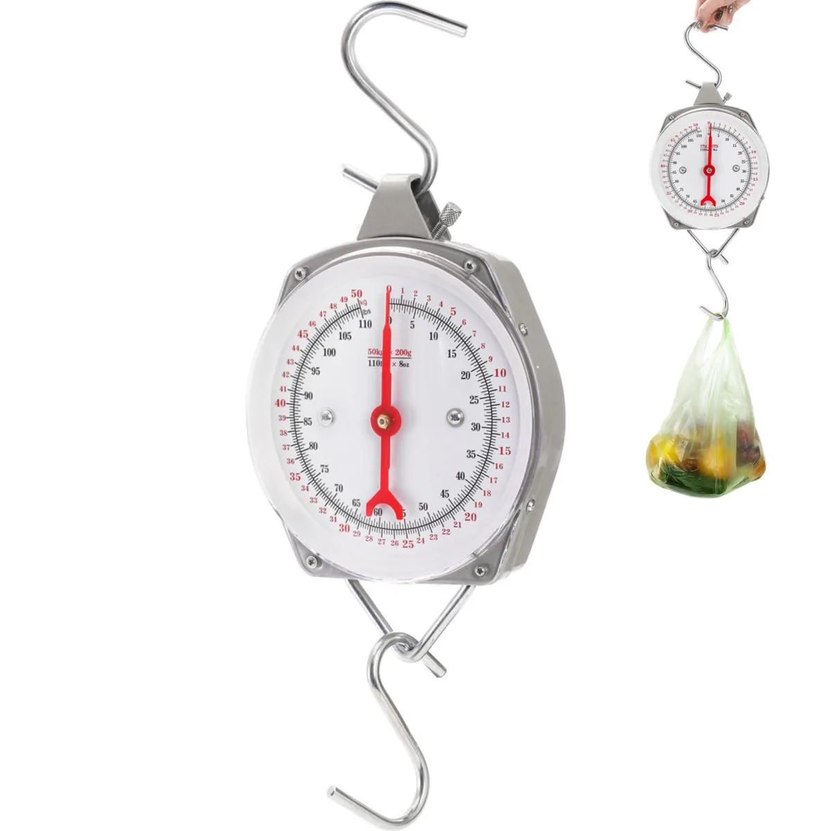 Yellow spring dial hanging scale with dual lb/kg markings and red pointer