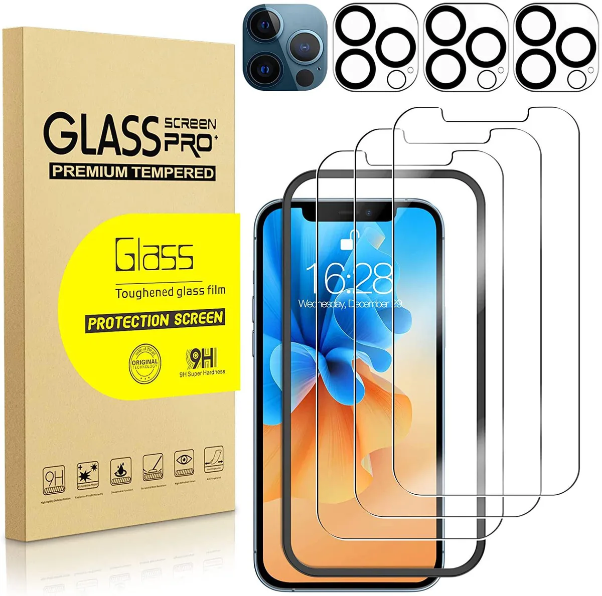 BONAEVER BONAEVER 3 Pack Tempered Glass Screen Protector iPhone 12 Pro 6.1 inch with Camera Lens Protector — product photo