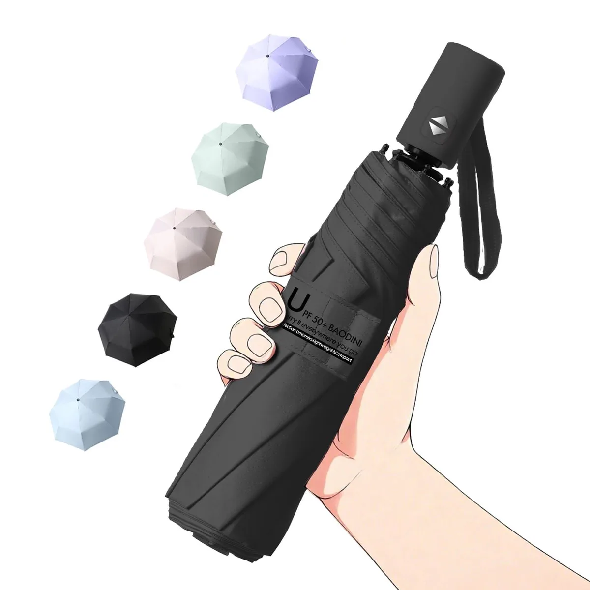 BAODINI Small Compact Travel Umbrella 2 Pack Black 42 inch Arc UV Protection Auto Open Close — product photo