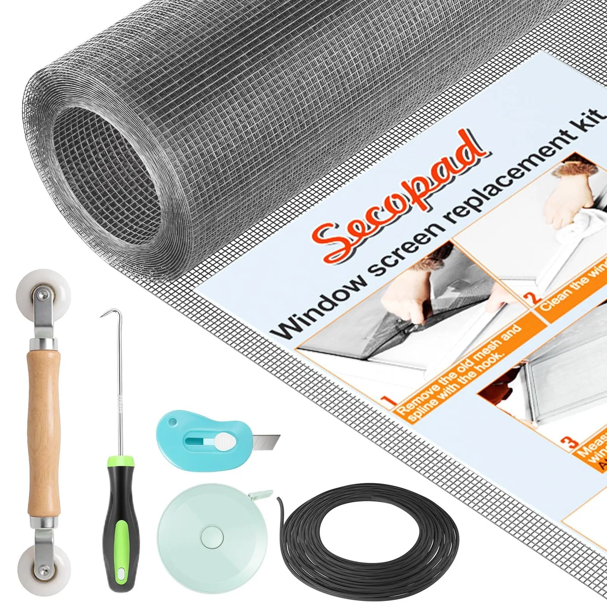 Grey fiberglass screen mesh roll 39 by 78 inches with wooden roller tool and spline