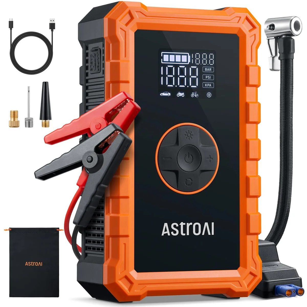 Orange portable jump starter with built-in air compressor, rectangular shape, rubberised finish