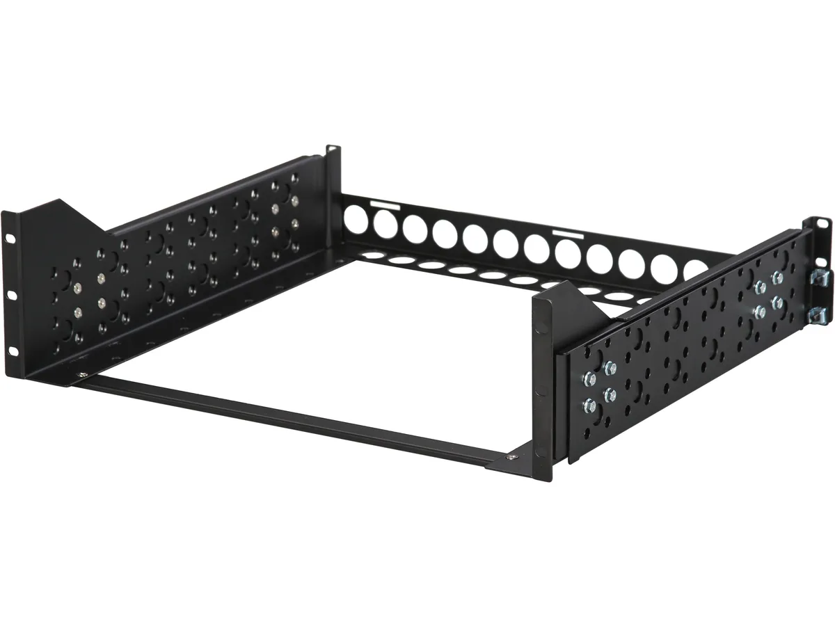 Pair of black steel 3U rack rails with adjustable depth and cable management panel