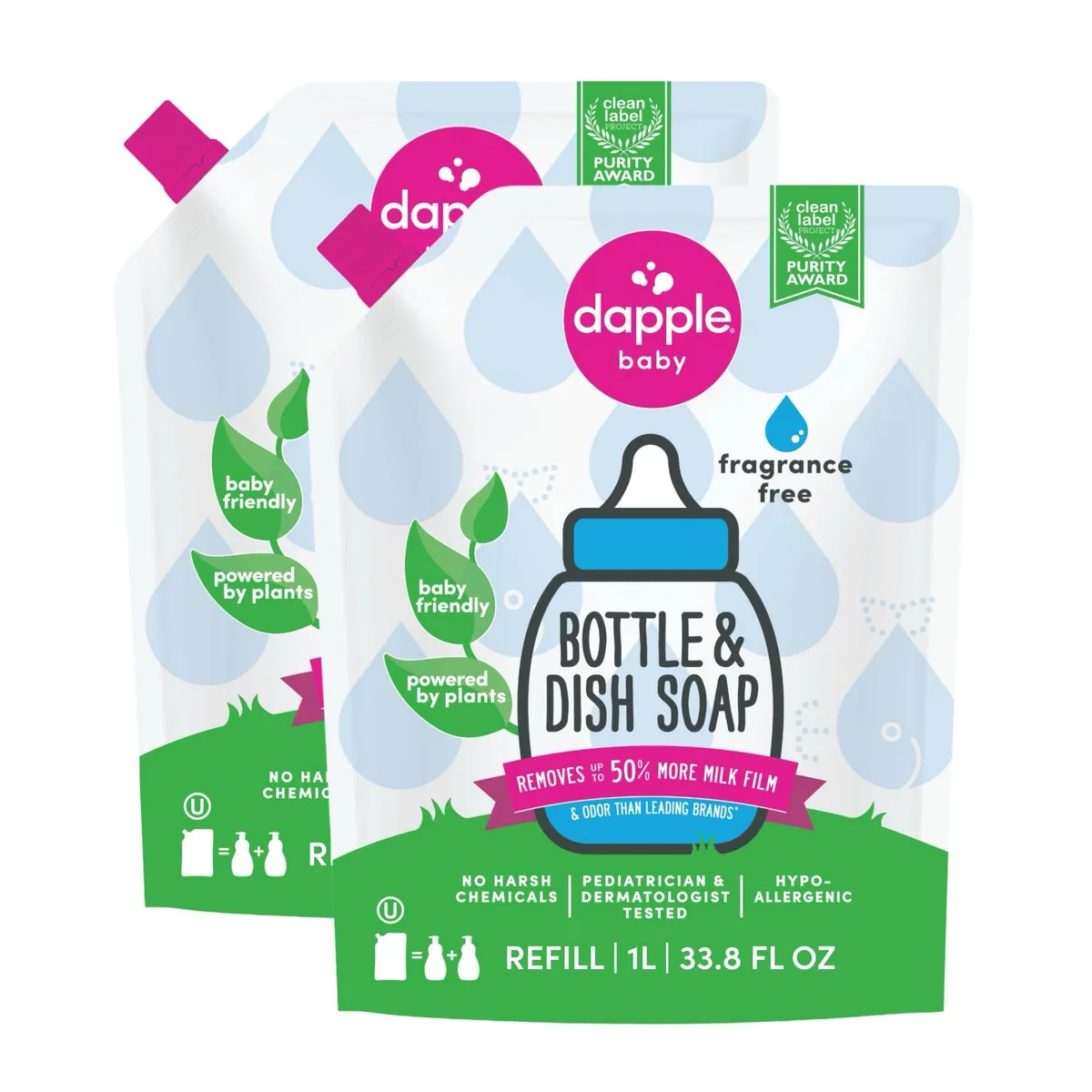 Two white refill pouches of fragrance-free plant-powered cleaner, 33.8 fl oz each
