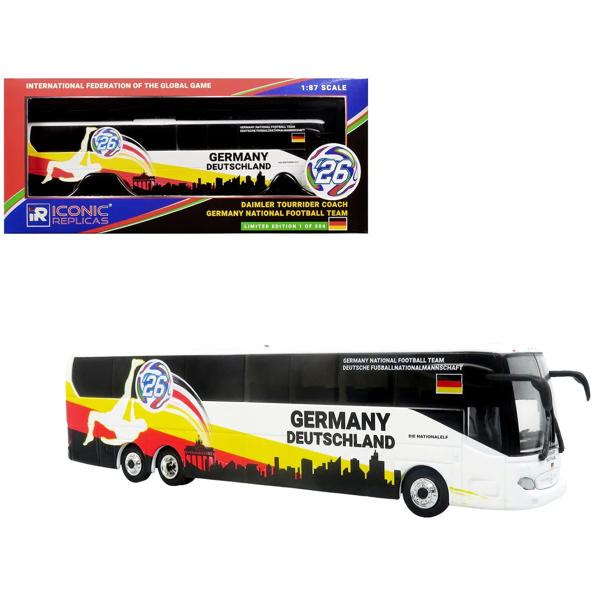 Iconic Replicas Iconic Replicas Daimler Tourrider Coach Bus Germany National Football Team White 1/87 Limited Edition 504 — product photo