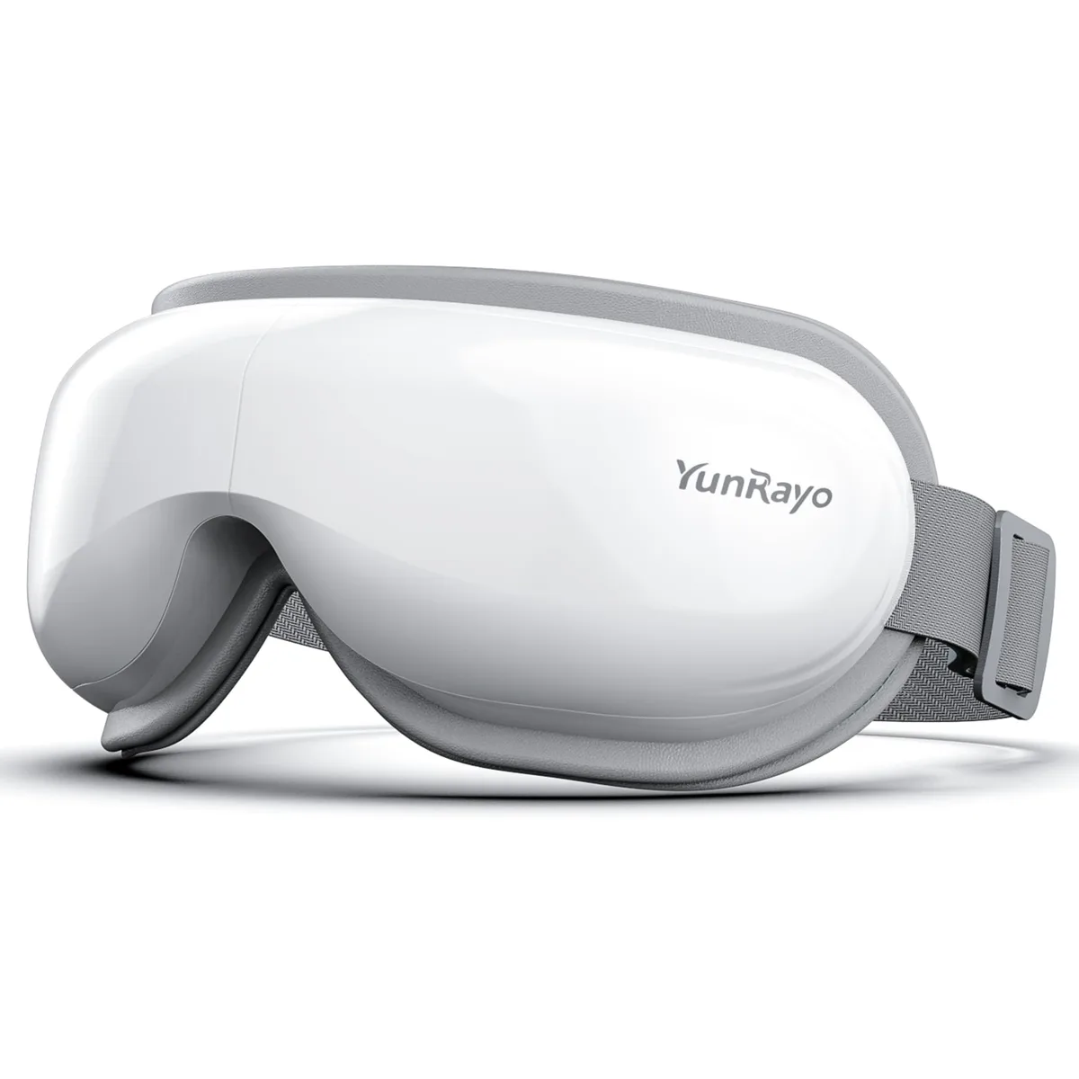 White foldable eye massager mask with soft padding and adjustable strap