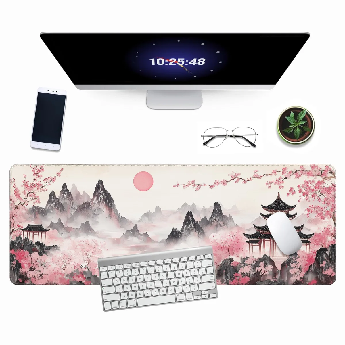 Halverion Japanese Cherry Blossom Mouse Pad 31.5 x 11.8 in Ancient Ink-Wash Pagoda B — product photo