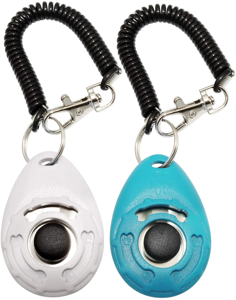 Two plastic clickers in white and lake blue with wrist straps