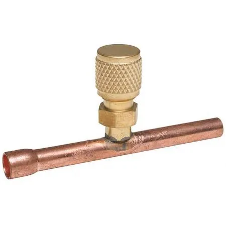 Two brass HVAC access valve union tees with caps and core remover