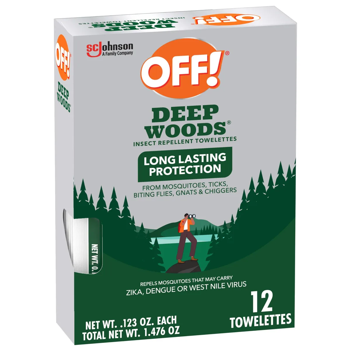 Small rectangular box containing twelve individually wrapped insect repellent towelettes