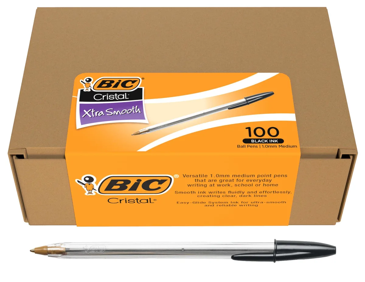 Clear hexagonal barrel ballpoint pens with black ink in 100-count pack