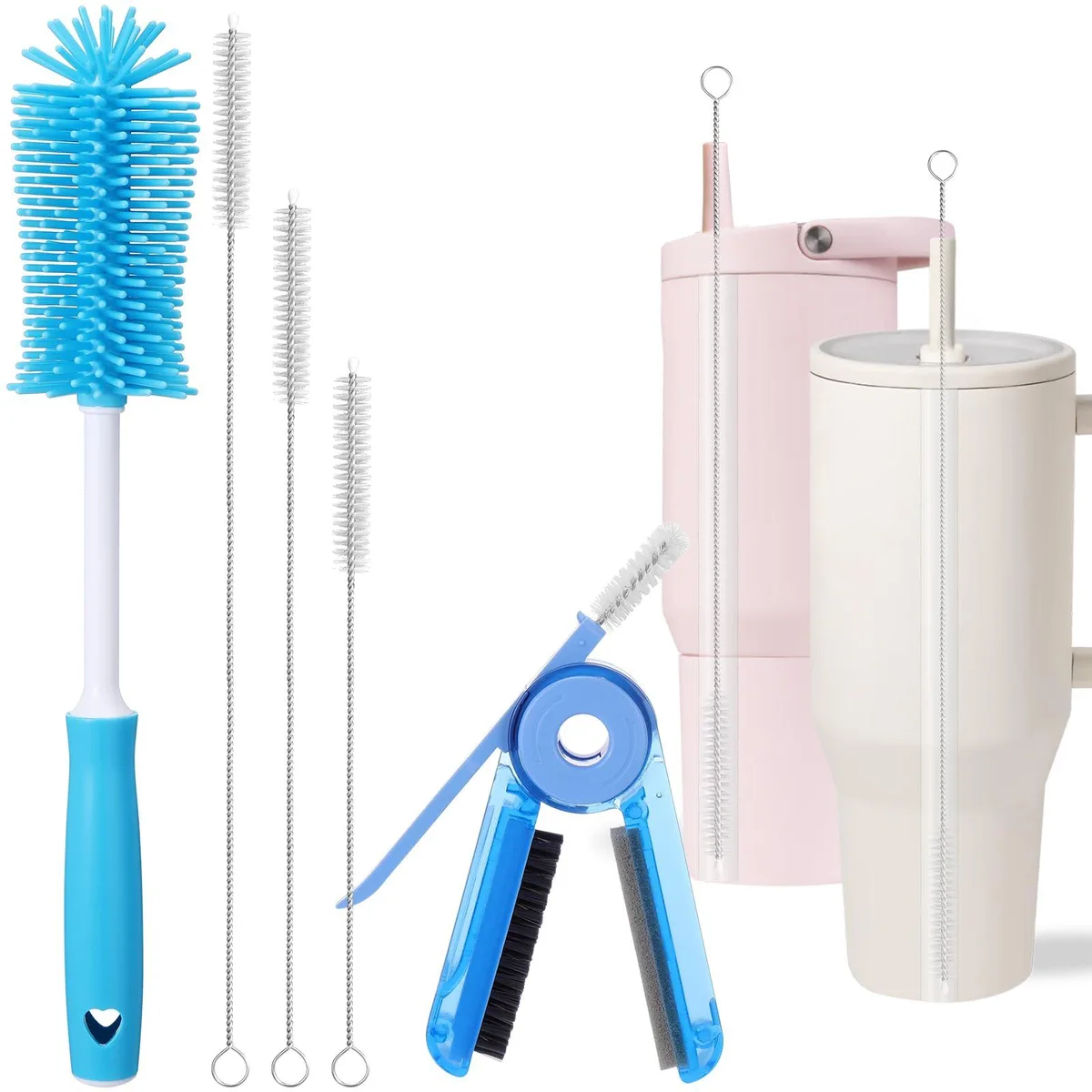 Five-piece bottle brush kit with long silicone brush, multi-tool cap brush, and three straw brushes