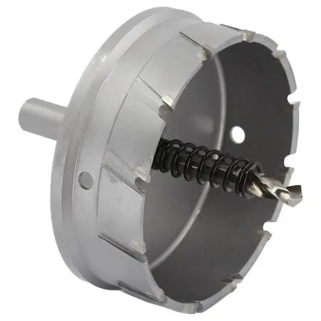 Drill America carbide tipped hole cutter, silver metal cylinder with pilot drill and hex key