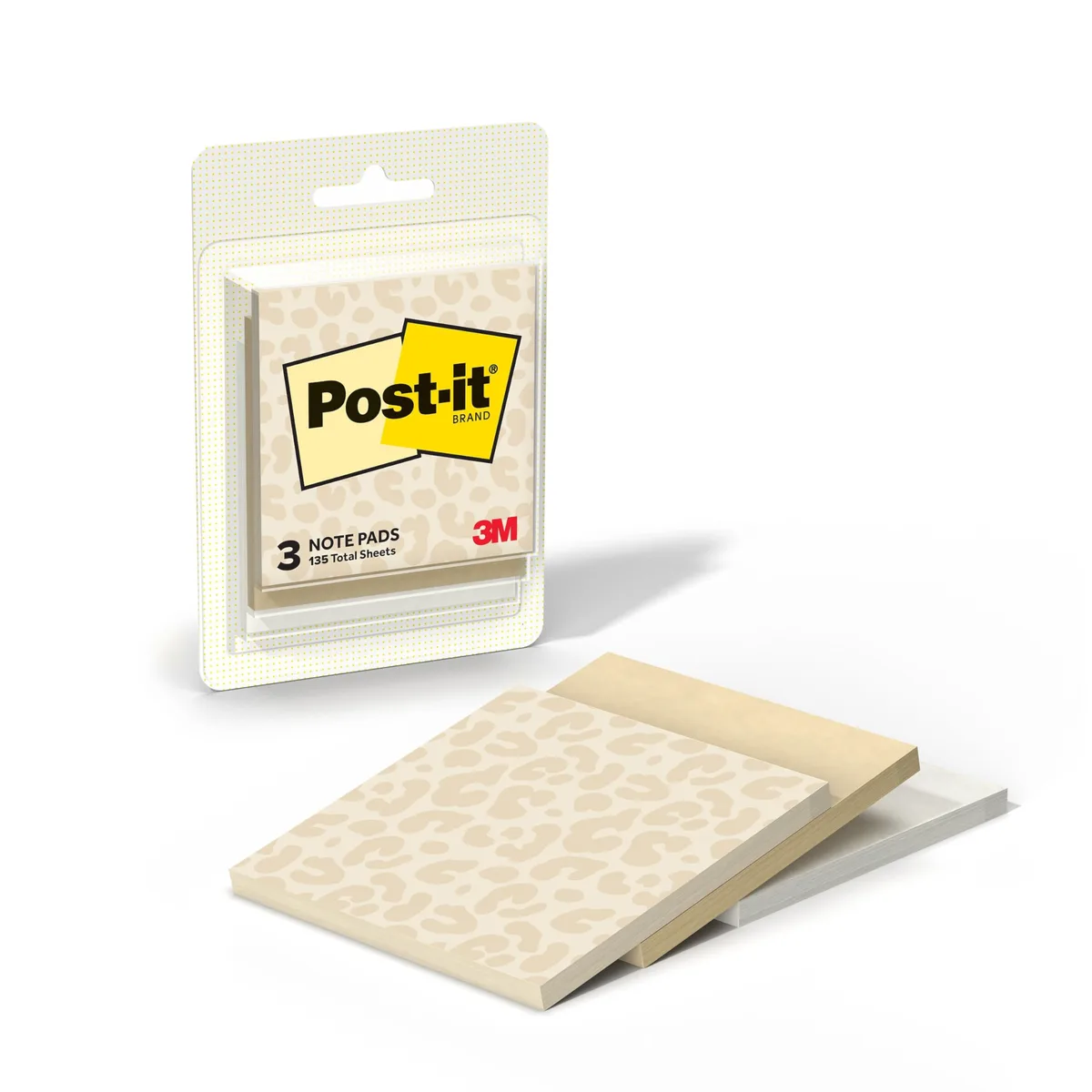 Three square sticky-note pads, leopard, sand and cloud patterns, 45 sheets each