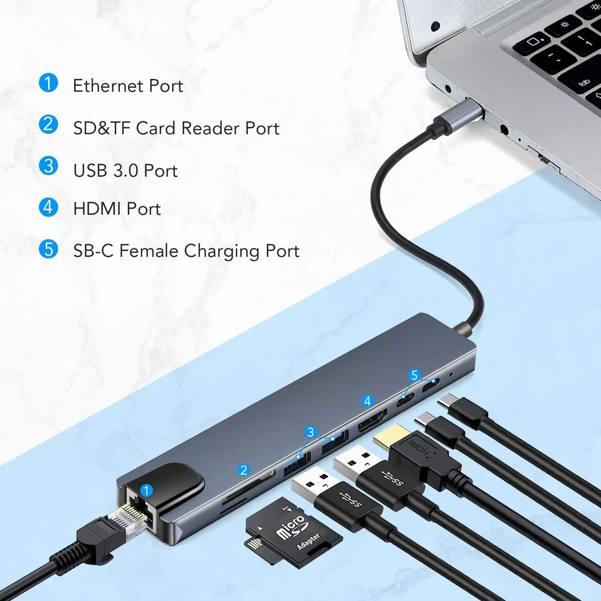 WRIARICH WRIARICH FK-TC801 8-in-1 USB C Hub Multiport Adapter RJ45 Ethernet PD Charging Type-C 3.0 Cards Reader Gray — product photo