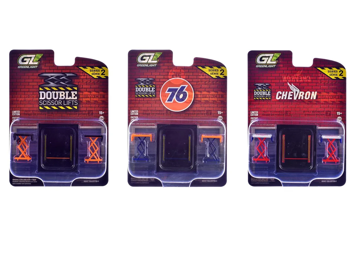 GREENLIGHT GREENLIGHT Automotive Double Scissor Lifts Series #2 Set of 3 1/64 Diecast — product photo