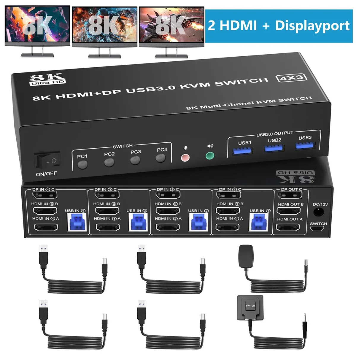 IHDAPP IHDAPP 3-Monitor 4-Port KVM Switch 8K@60Hz 4K@144Hz 2 HDMI + DP — product photo