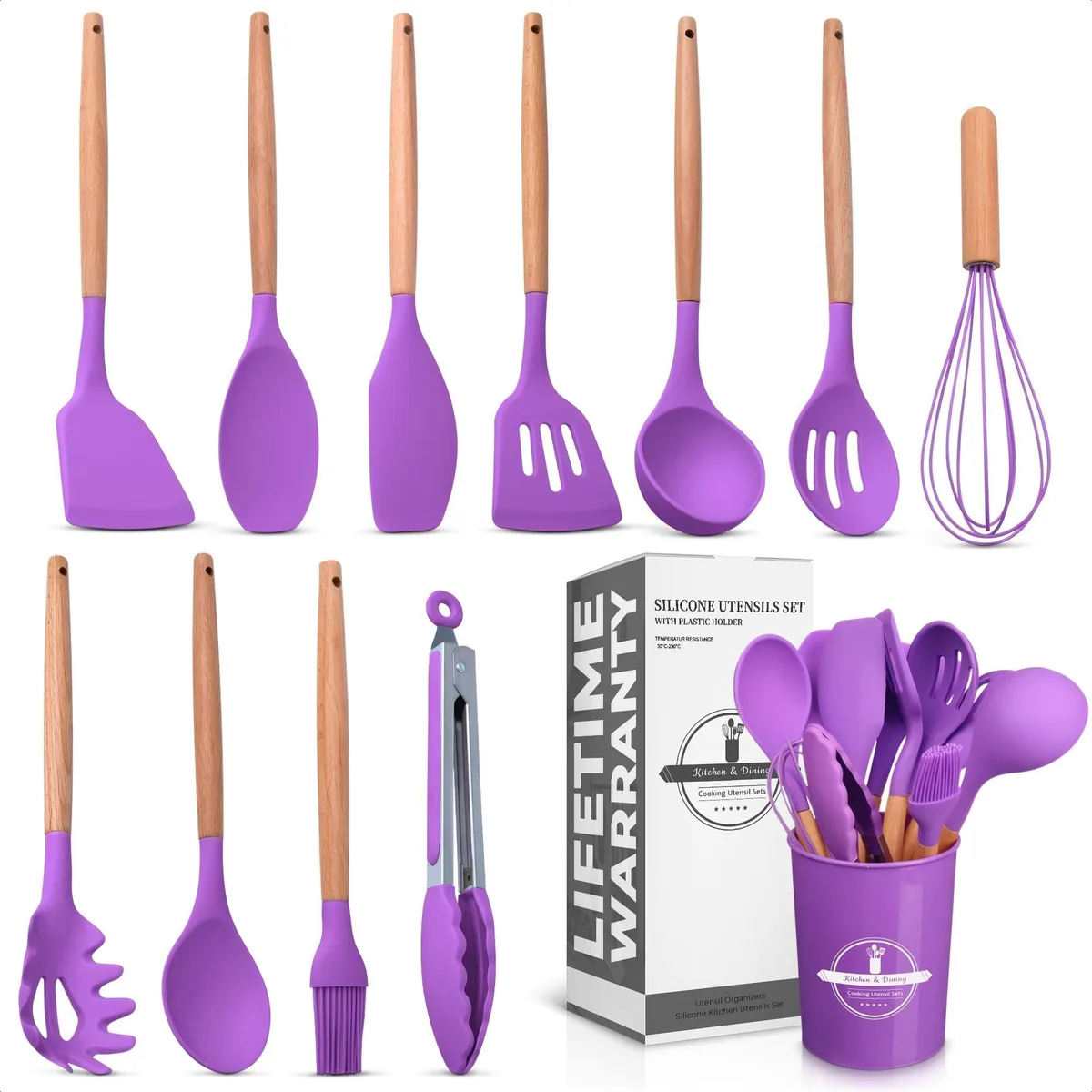 Twelve purple silicone utensils with wooden handles in matching holder