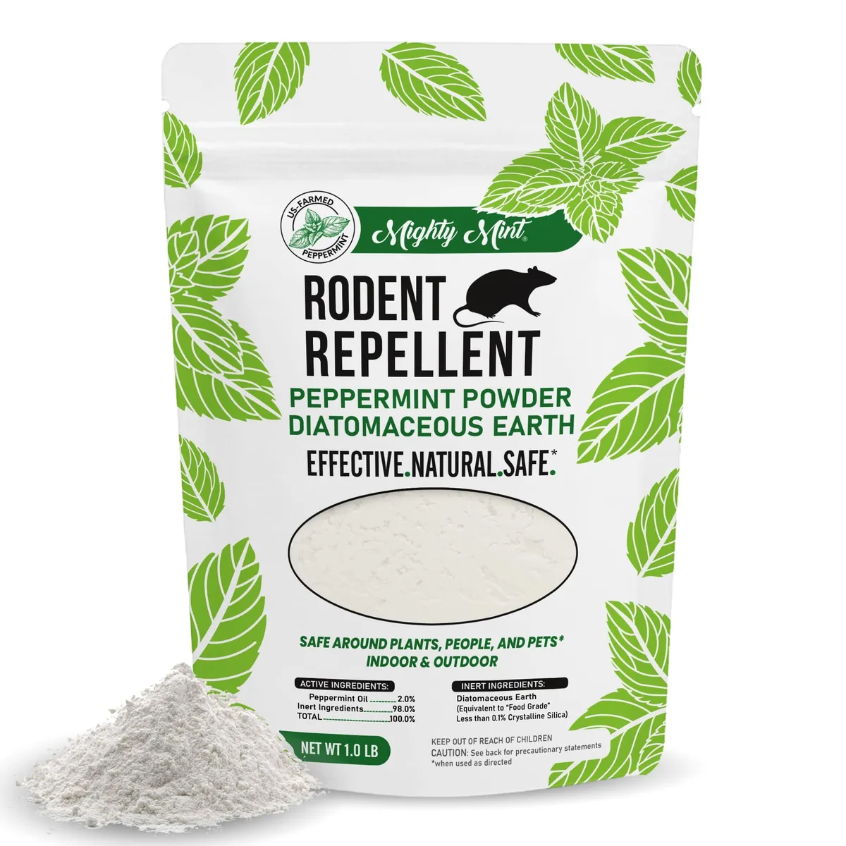 White peppermint-scented powder in a 1 lb container