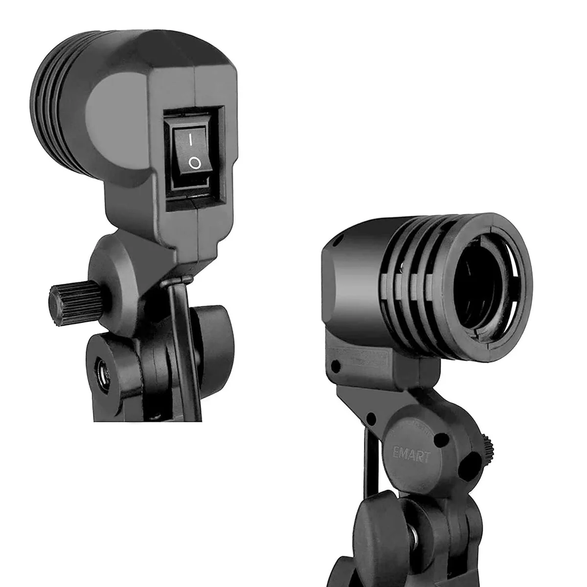 Two black E26/E27 light bulb stands with adjustable arms, power cords and inline switches