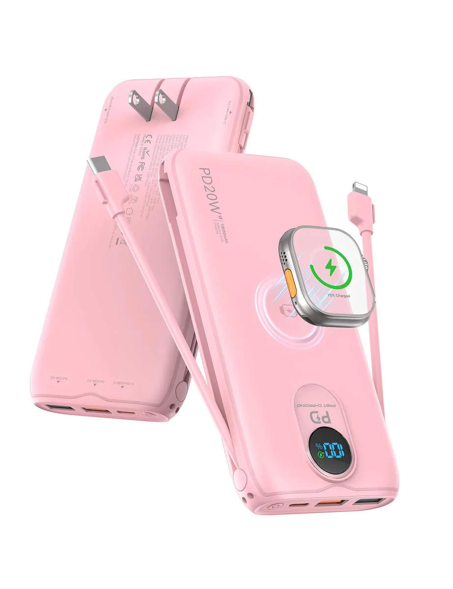  LENGSUM P041A 10000mAh 20W power bank with built-in cables, AC plug, LED display, iWatch charger, Pink — product photo