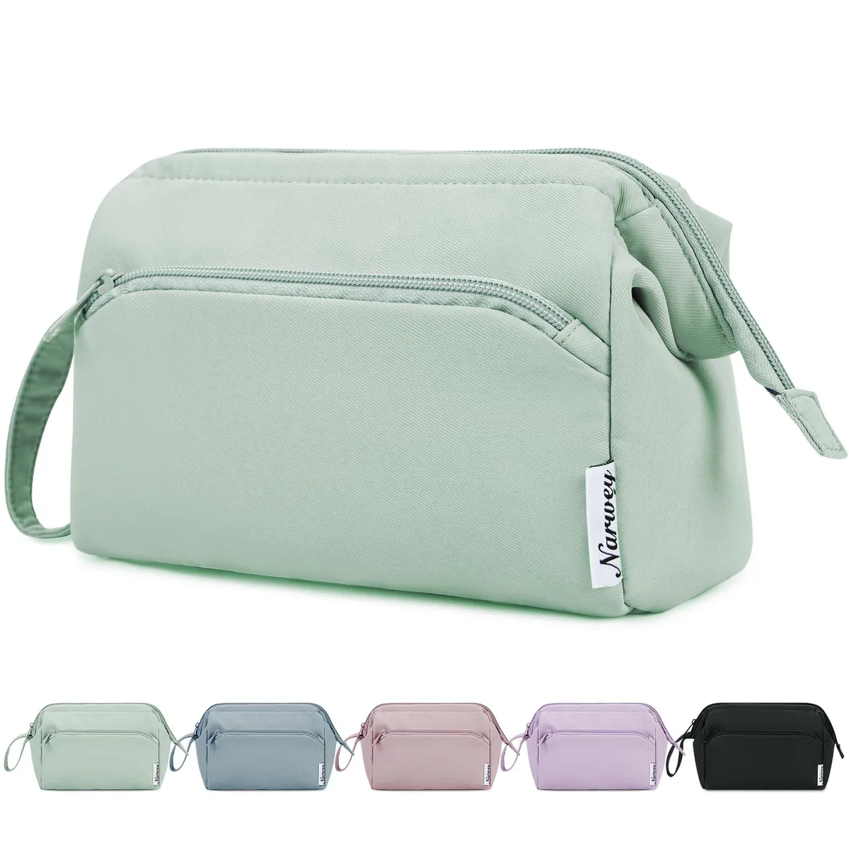 Beige polyester makeup bag with side handle and wide-open wire frame