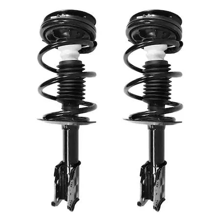 Two silver front strut assemblies with coil springs and top mounts, sold as a pair